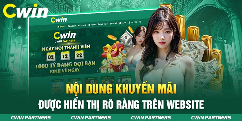 Nội dung khuyến mãi được hiển thị rõ ràng trên website